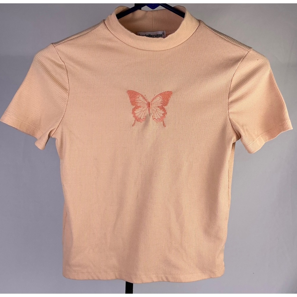 Charlotte Russe Ribbed Mock Neck Butterfly Embroidered Short Sleeve Top Peach SM